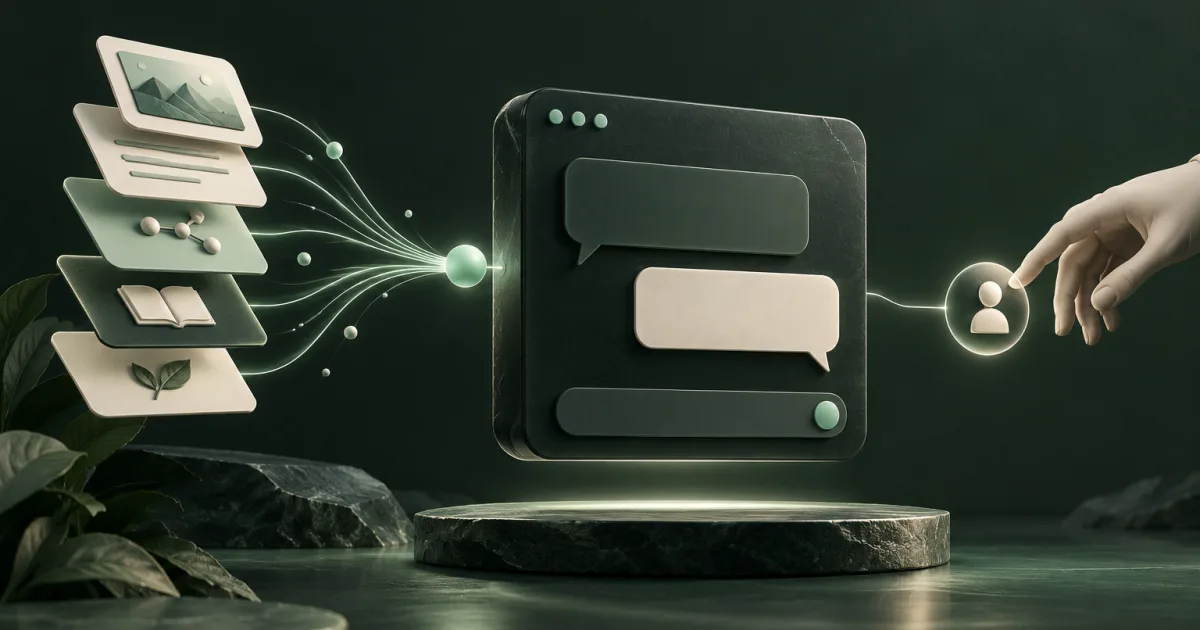 Floating chat bubbles linked to knowledge cards and a human handoff node