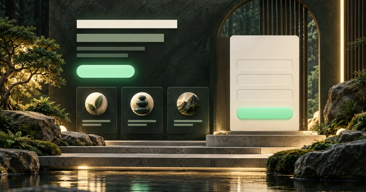Structured landing page sculpture with a mint action button and simple form