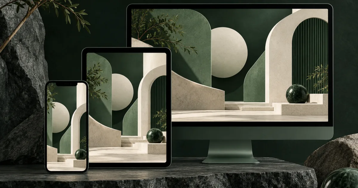 Phone, tablet, and desktop frames showing the same modular layout reflowing