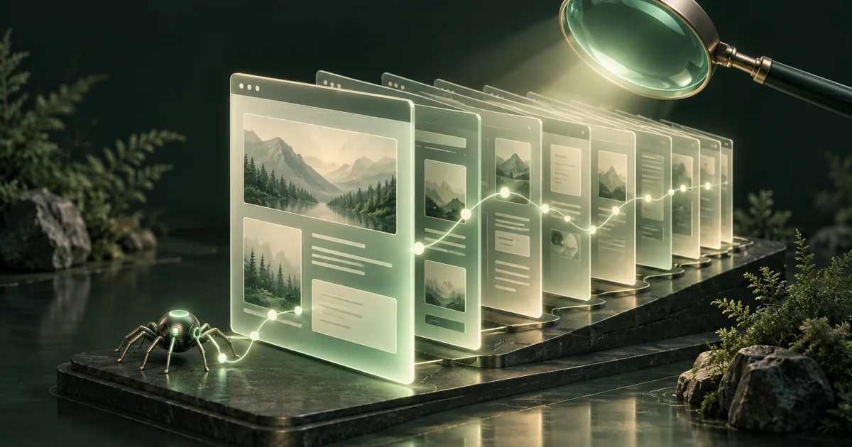 Layered website pages with a crawler path and a magnifying lens