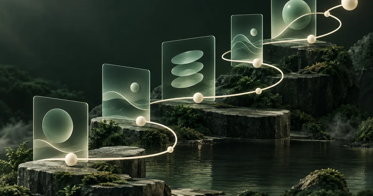 A wireframe journey path layered with a polished mint interface