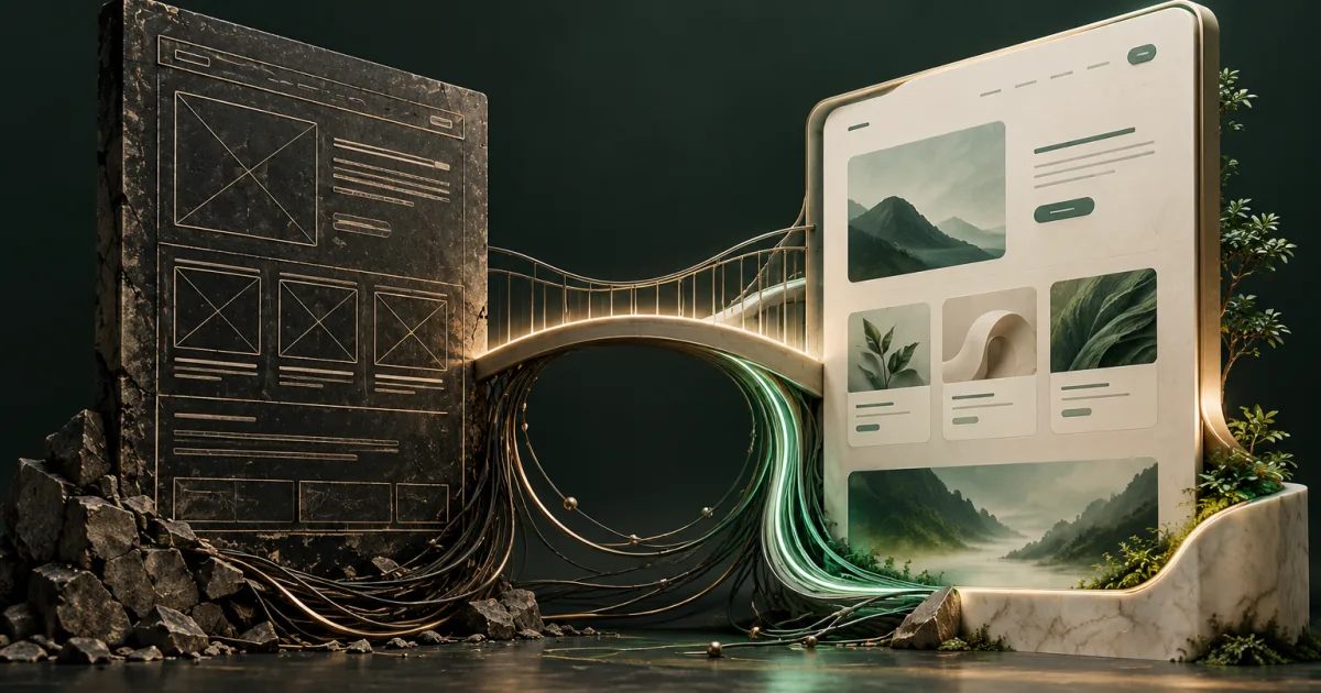 Old and new website panels joined by a luminous bridge preserving connections