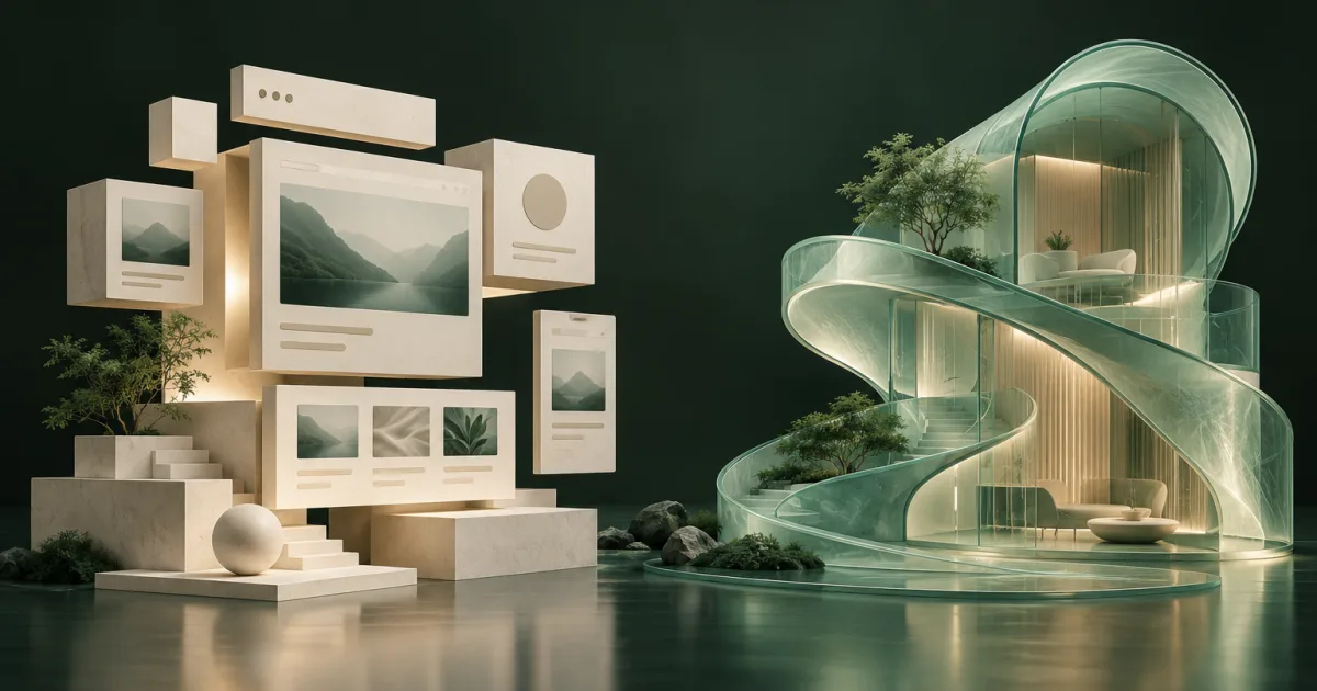 Modular ivory website blocks and a custom mint structure in balanced composition